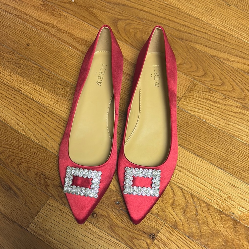J. Crew Women's Red Satin Flats with Embellished Buckle - Picture 3 of 3